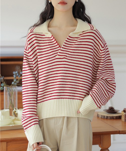 DAY CLOSET（デイ クローゼット）の「【小顔魅せ大きめ襟×Vネック/華奢魅せリブ編み】長袖ボーダー柄スキッパージャガードニットトップス（ニット/セーター・レディース・レッド/ホワイト/ブラック・FREE）」の15枚目の写真