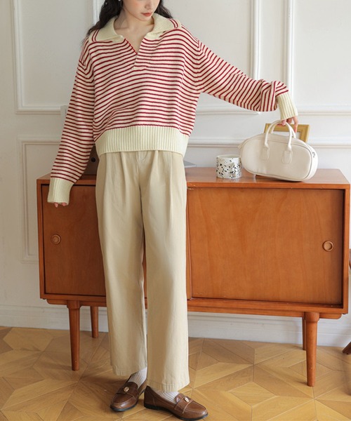 DAY CLOSET（デイ クローゼット）の「【小顔魅せ大きめ襟×Vネック/華奢魅せリブ編み】長袖ボーダー柄スキッパージャガードニットトップス（ニット/セーター・レディース・レッド/ホワイト/ブラック・FREE）」の20枚目の写真
