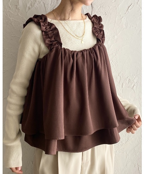 セール】ショート丈肩フリルショルダーギャザーキャミソールビスチェ