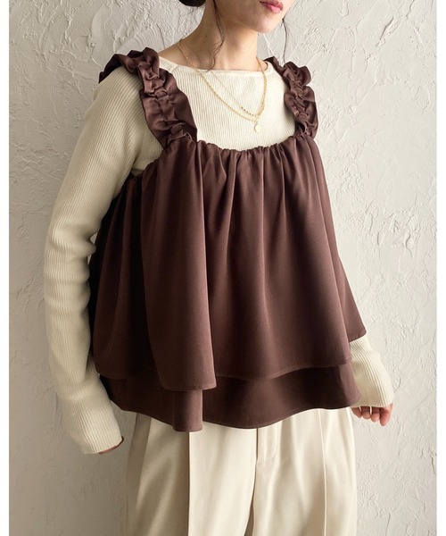 セール】ショート丈肩フリルショルダーギャザーキャミソールビスチェ