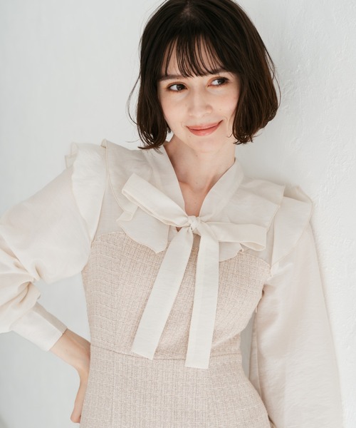 31 Sons de mode(トランテアン ソン ドゥ モード)の「2025秋冬新作 ボウタイツイードドッキングワンピース(ワンピース・レディース・ベージュ/ブラック×ホワイト/グレー・S/M)」の3枚目の写真