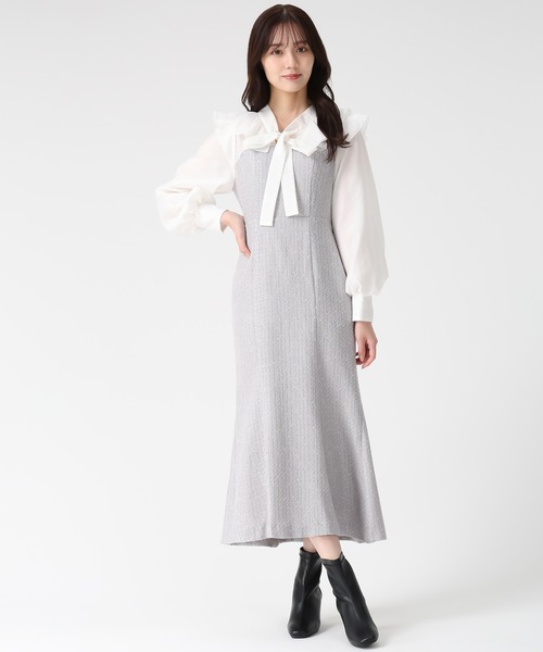 31 Sons de mode(トランテアン ソン ドゥ モード)の「2025秋冬新作 ボウタイツイードドッキングワンピース(ワンピース・レディース・ベージュ/ブラック×ホワイト/グレー・S/M)」の1枚目の写真