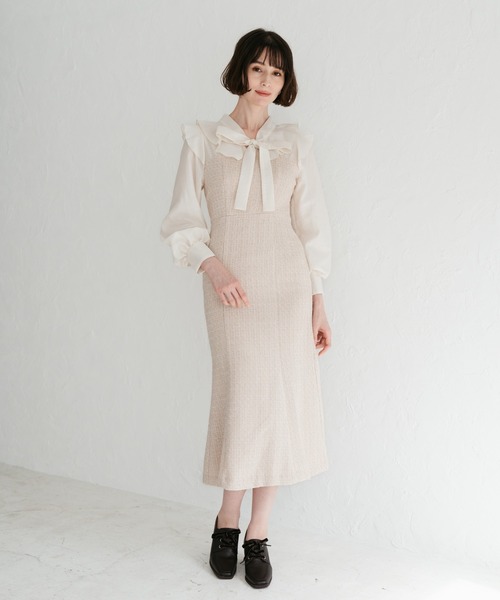 31 Sons de mode(トランテアン ソン ドゥ モード)の「2025秋冬新作 ボウタイツイードドッキングワンピース(ワンピース・レディース・ベージュ/ブラック×ホワイト/グレー・S/M)」の8枚目の写真
