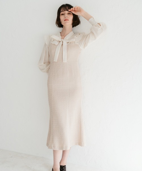 31 Sons de mode(トランテアン ソン ドゥ モード)の「2025秋冬新作 ボウタイツイードドッキングワンピース(ワンピース・レディース・ベージュ/ブラック×ホワイト/グレー・S/M)」の9枚目の写真