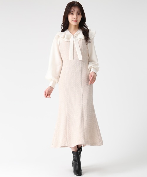 31 Sons de mode(トランテアン ソン ドゥ モード)の「2025秋冬新作 ボウタイツイードドッキングワンピース(ワンピース・レディース・ベージュ/ブラック×ホワイト/グレー・S/M)」の12枚目の写真