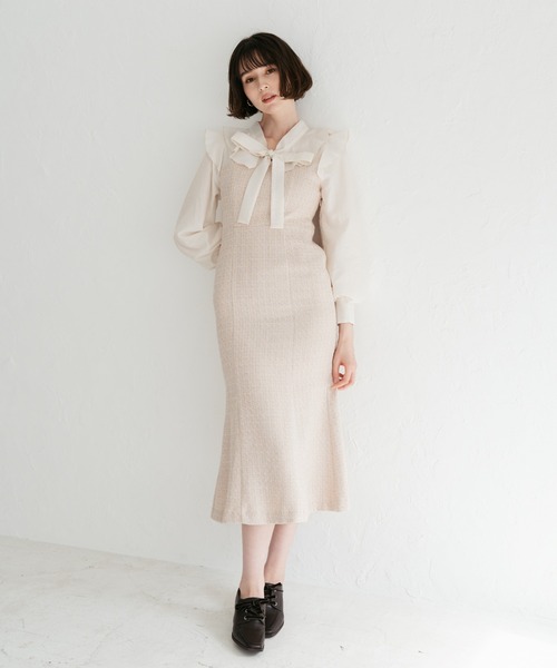 31 Sons de mode(トランテアン ソン ドゥ モード)の「2025秋冬新作 ボウタイツイードドッキングワンピース(ワンピース・レディース・ベージュ/ブラック×ホワイト/グレー・S/M)」の4枚目の写真