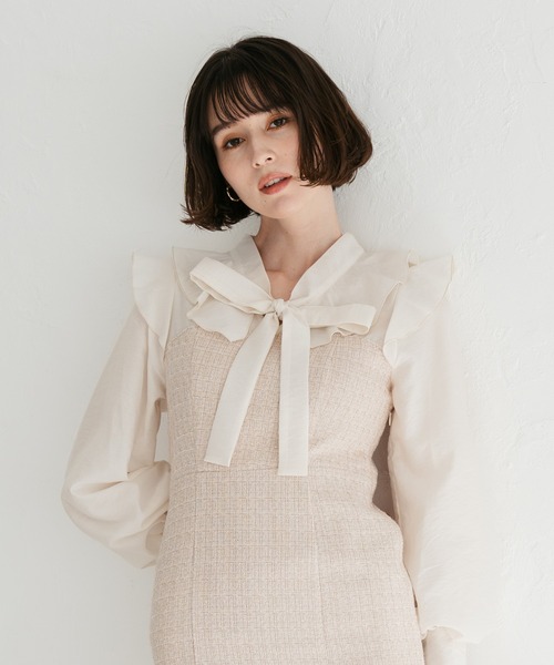 31 Sons de mode(トランテアン ソン ドゥ モード)の「2025秋冬新作 ボウタイツイードドッキングワンピース(ワンピース・レディース・ベージュ/ブラック×ホワイト/グレー・S/M)」の5枚目の写真