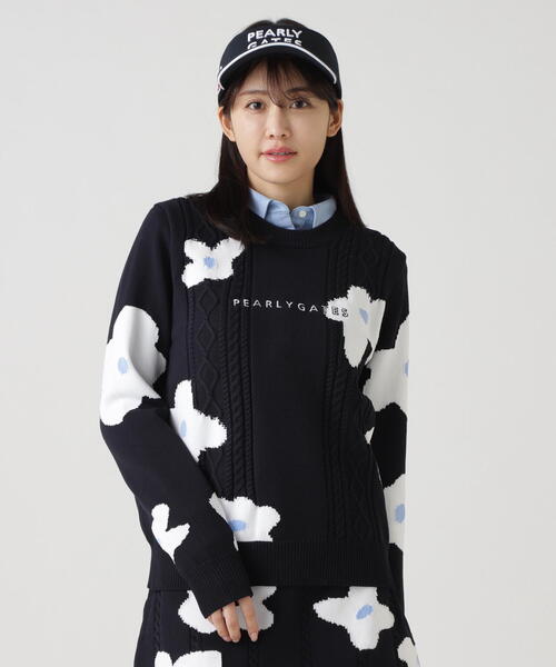 PEARLY GATES】アラン柄×インターシャ クルーネックニットプルオーバー