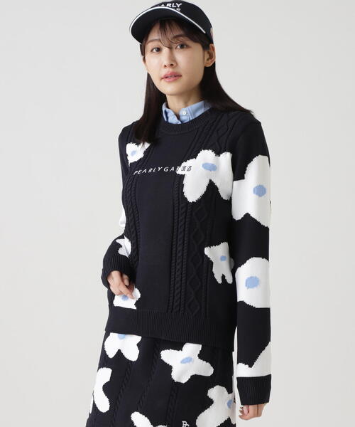 PEARLY GATES】アラン柄×インターシャ クルーネックニットプルオーバー