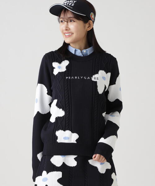 PEARLY GATES】アラン柄×インターシャ クルーネックニットプルオーバー