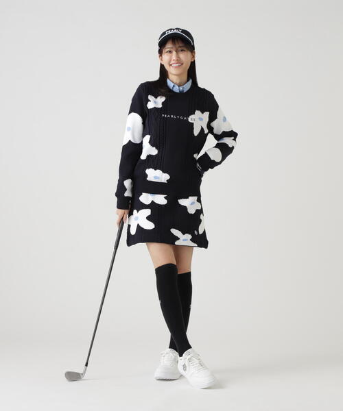 PEARLY GATES 花柄セーター サイズ1 PEARLY GATES】アラン柄×インターシャ クルーネックニットプルオーバー