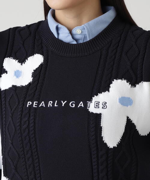 PEARLY GATES】アラン柄×インターシャ クルーネックニットプルオーバー