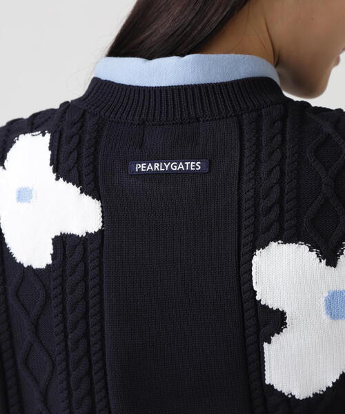 PEARLY GATES】アラン柄×インターシャ クルーネックニットプルオーバー