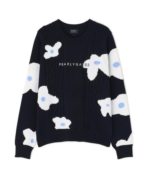 PEARLY GATES】アラン柄×インターシャ クルーネックニットプルオーバー