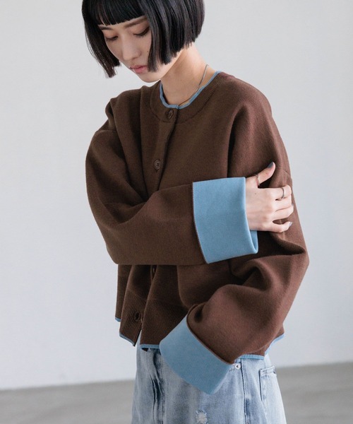 LOWRYS FARM（ローリーズファーム）の「バイカラークルーカーディガン　636133（カーディガン/ボレロ・レディース・ブラウン/アイボリー/ネイビー・FREE）」の14枚目の写真