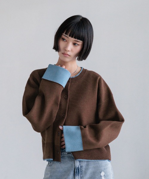 LOWRYS FARM（ローリーズファーム）の「バイカラークルーカーディガン　636133（カーディガン/ボレロ・レディース・ブラウン/アイボリー/ネイビー・FREE）」の12枚目の写真