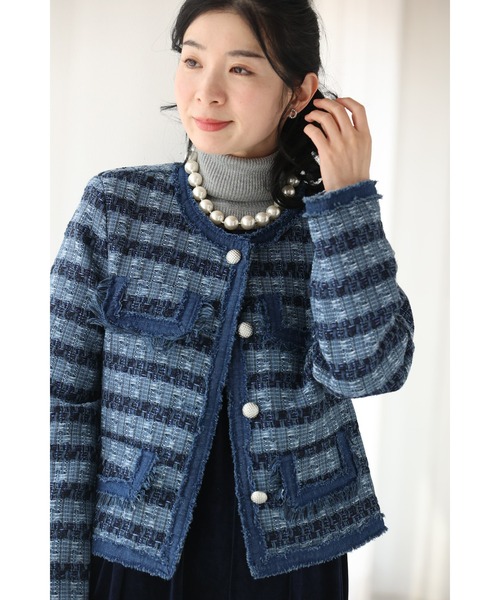 cawaii（カワイイ）の「ストライプ模様浮かぶ手織り風ツイードジャケット（ノーカラージャケット・レディース・ブルー・FREE）」の14枚目の写真