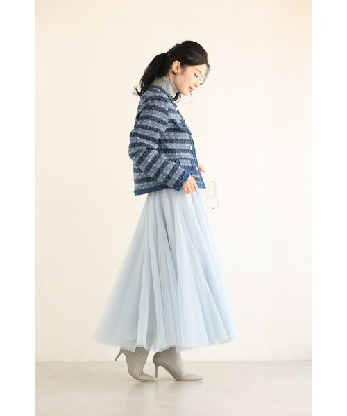 cawaii（カワイイ）の「ストライプ模様浮かぶ手織り風ツイードジャケット（ノーカラージャケット・レディース・ブルー・FREE）」の15枚目の写真