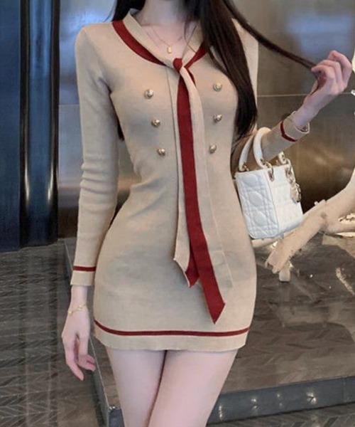 Miniministore(ミニミニストア)の「リボンタイミニワンピース配色ニットドレス(ワンピース・レディース・ブラック/ベージュ・FREE)」の2枚目の写真