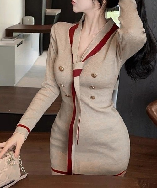 Miniministore(ミニミニストア)の「リボンタイミニワンピース配色ニットドレス(ワンピース・レディース・ブラック/ベージュ・FREE)」の14枚目の写真
