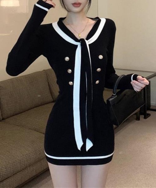 Miniministore(ミニミニストア)の「リボンタイミニワンピース配色ニットドレス(ワンピース・レディース・ブラック/ベージュ・FREE)」の17枚目の写真