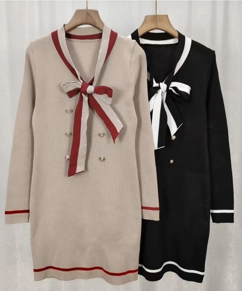 Miniministore(ミニミニストア)の「リボンタイミニワンピース配色ニットドレス(ワンピース・レディース・ブラック/ベージュ・FREE)」の6枚目の写真