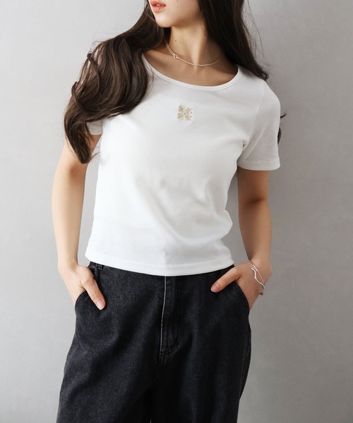 SpRay(スプレイ)の「テレコ刺繍モチーフ Tシャツ(Tシャツ/カットソー・レディース・オフホワイト/ブラック/チャコールグレー/グレー・FREE)」の8枚目の写真