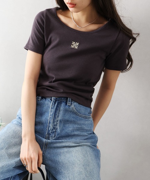 SpRay(スプレイ)の「テレコ刺繍モチーフ Tシャツ(Tシャツ/カットソー・レディース・オフホワイト/ブラック/チャコールグレー/グレー・FREE)」の14枚目の写真