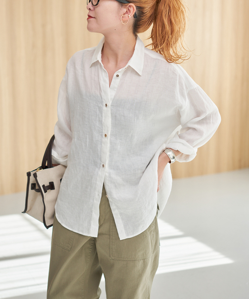 Spick & Span（スピックアンドスパン）の「《程よくすっきりサイズ》 80リネンカシュクール ミディシャツ（シャツ/ブラウス・レディース・サックスブルー/ネイビー/バーガンディー/ホワイト・FREE）」の12枚目の写真