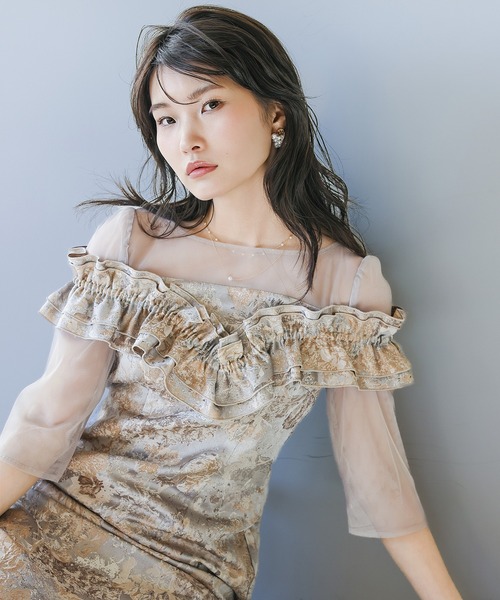 Kana（カナ）の「ハートネックフリルジャガードワンピースドレス パーティー 結婚式 お呼ばれ オケージョン（ドレス・レディース・ブラウン/ベージュ/ブルー・M）」の2枚目の写真