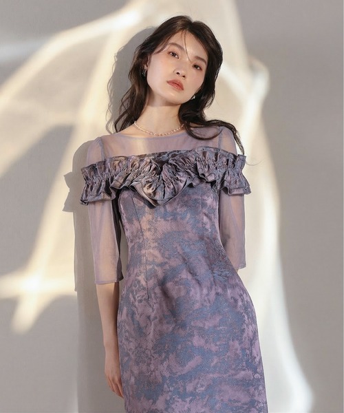 Kana（カナ）の「ハートネックフリルジャガードワンピースドレス パーティー 結婚式 お呼ばれ オケージョン（ドレス・レディース・ブラウン/ベージュ/ブルー・M）」の3枚目の写真