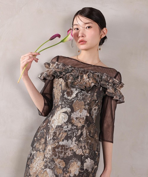 Kana（カナ）の「ハートネックフリルジャガードワンピースドレス パーティー 結婚式 お呼ばれ オケージョン（ドレス・レディース・ブラウン/ベージュ/ブルー・M）」の13枚目の写真