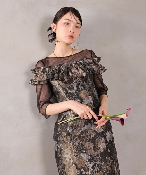 Kana（カナ）の「ハートネックフリルジャガードワンピースドレス パーティー 結婚式 お呼ばれ オケージョン（ドレス・レディース・ブラウン/ベージュ/ブルー・M）」の15枚目の写真