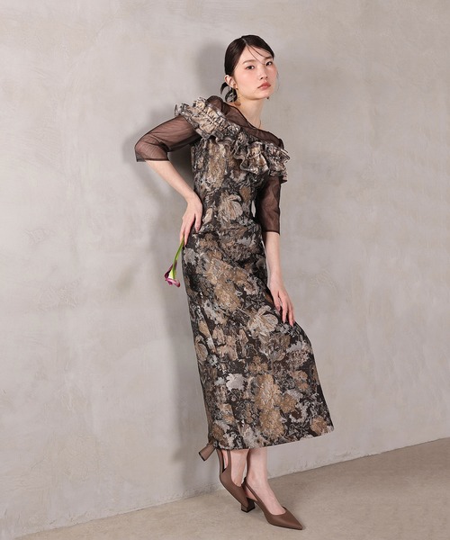 Kana（カナ）の「ハートネックフリルジャガードワンピースドレス パーティー 結婚式 お呼ばれ オケージョン（ドレス・レディース・ブラウン/ベージュ/ブルー・M）」の17枚目の写真