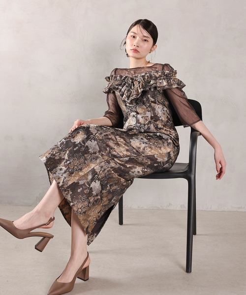 Kana（カナ）の「ハートネックフリルジャガードワンピースドレス パーティー 結婚式 お呼ばれ オケージョン（ドレス・レディース・ブラウン/ベージュ/ブルー・M）」の19枚目の写真