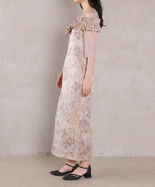 Kana（カナ）の「ハートネックフリルジャガードワンピースドレス パーティー 結婚式 お呼ばれ オケージョン（ドレス・レディース・ブラウン/ベージュ/ブルー・M）」の6枚目の写真