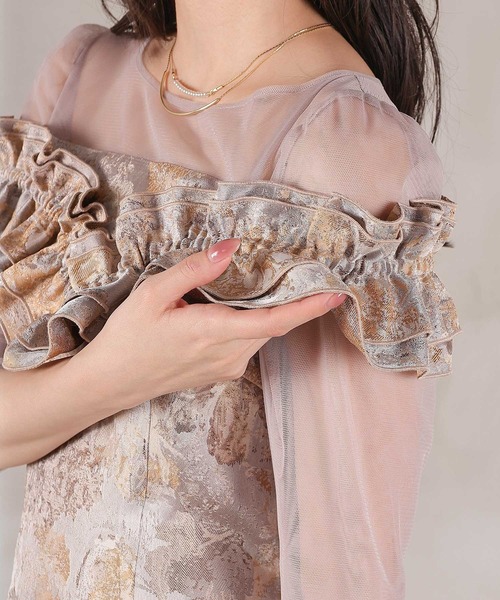 Kana（カナ）の「ハートネックフリルジャガードワンピースドレス パーティー 結婚式 お呼ばれ オケージョン（ドレス・レディース・ブラウン/ベージュ/ブルー・M）」の7枚目の写真