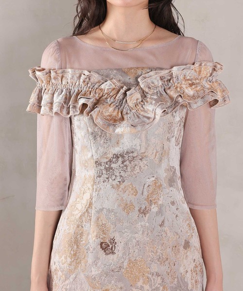 Kana（カナ）の「ハートネックフリルジャガードワンピースドレス パーティー 結婚式 お呼ばれ オケージョン（ドレス・レディース・ブラウン/ベージュ/ブルー・M）」の4枚目の写真