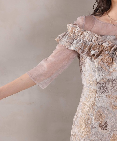 Kana（カナ）の「ハートネックフリルジャガードワンピースドレス パーティー 結婚式 お呼ばれ オケージョン（ドレス・レディース・ブラウン/ベージュ/ブルー・M）」の5枚目の写真