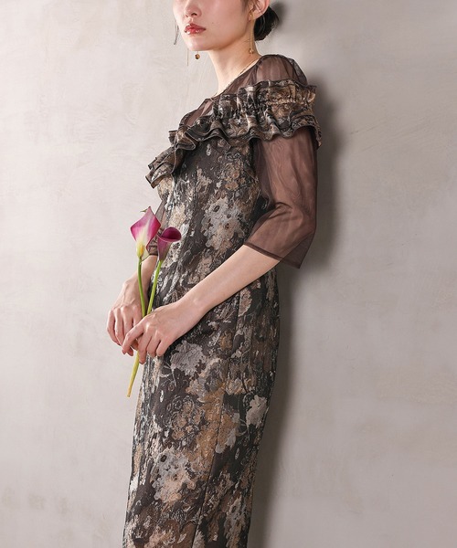 Kana（カナ）の「ハートネックフリルジャガードワンピースドレス パーティー 結婚式 お呼ばれ オケージョン（ドレス・レディース・ブラウン/ベージュ/ブルー・M）」の16枚目の写真