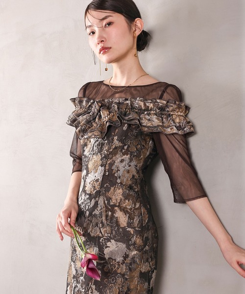 Kana（カナ）の「ハートネックフリルジャガードワンピースドレス パーティー 結婚式 お呼ばれ オケージョン（ドレス・レディース・ブラウン/ベージュ/ブルー・M）」の20枚目の写真