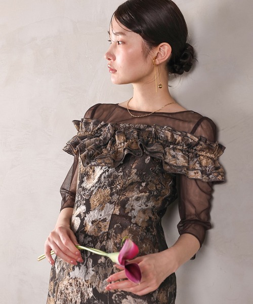 Kana（カナ）の「ハートネックフリルジャガードワンピースドレス パーティー 結婚式 お呼ばれ オケージョン（ドレス・レディース・ブラウン/ベージュ/ブルー・M）」の21枚目の写真