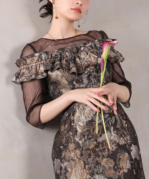 Kana（カナ）の「ハートネックフリルジャガードワンピースドレス パーティー 結婚式 お呼ばれ オケージョン（ドレス・レディース・ブラウン/ベージュ/ブルー・M）」の14枚目の写真