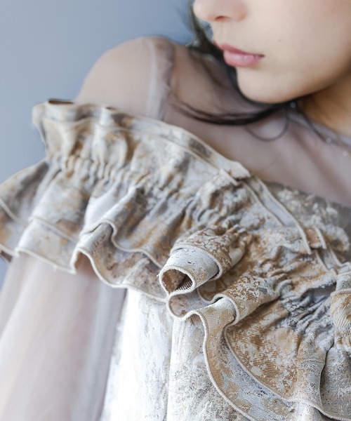 ハートネックフリルジャガードワンピースドレス パーティー 結婚式