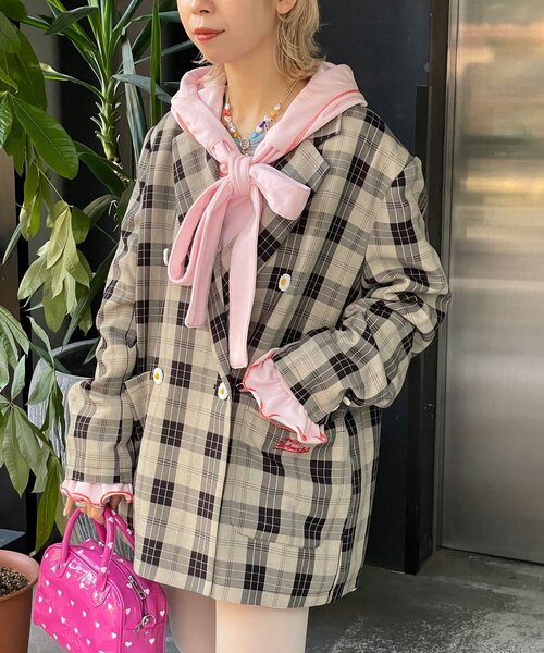 HELLO.SANFRANCISCO(ハローサンフランシスコ)の「【HELLO.SANFRANCISCO/ハローサンフランシスコ】フラワー釦チェックオーバージャケット(テーラードジャケット・レディース・ブルー/ブラック/イエロー・ONE SIZE)」の9枚目の写真