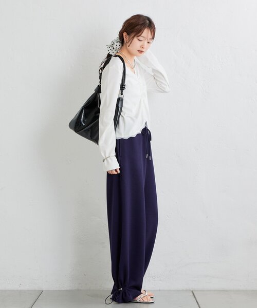 mystic（ミスティック）の「【柔らかリブ素材】ギャザーレースリブカーディガン（Tシャツ/カットソー・レディース・グレー/オフホワイト/ブルー・FREE）」の14枚目の写真