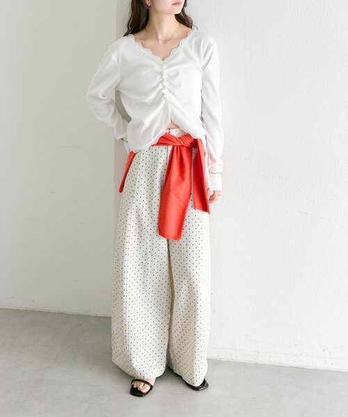 mystic（ミスティック）の「【柔らかリブ素材】ギャザーレースリブカーディガン（Tシャツ/カットソー・レディース・グレー/オフホワイト/ブルー・FREE）」の11枚目の写真