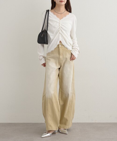 mystic（ミスティック）の「【柔らかリブ素材】ギャザーレースリブカーディガン（Tシャツ/カットソー・レディース・グレー/オフホワイト/ブルー・FREE）」の10枚目の写真