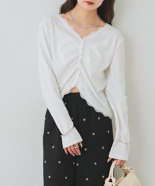 mystic（ミスティック）の「【柔らかリブ素材】ギャザーレースリブカーディガン（Tシャツ/カットソー・レディース・グレー/オフホワイト/ブルー・FREE）」の9枚目の写真