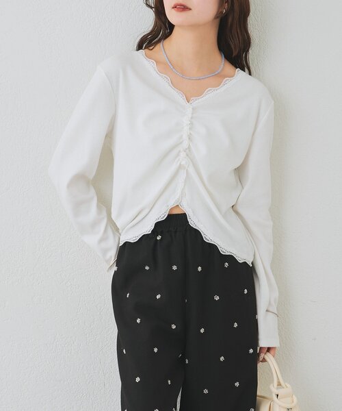 mystic（ミスティック）の「【柔らかリブ素材】ギャザーレースリブカーディガン（Tシャツ/カットソー・レディース・グレー/オフホワイト/ブルー・FREE）」の8枚目の写真